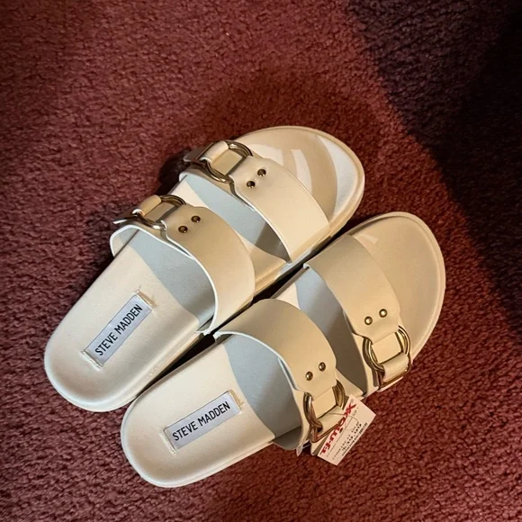 Steve Madden Cream Slide Sandals with Silver Buckles - Picture 1 of 3